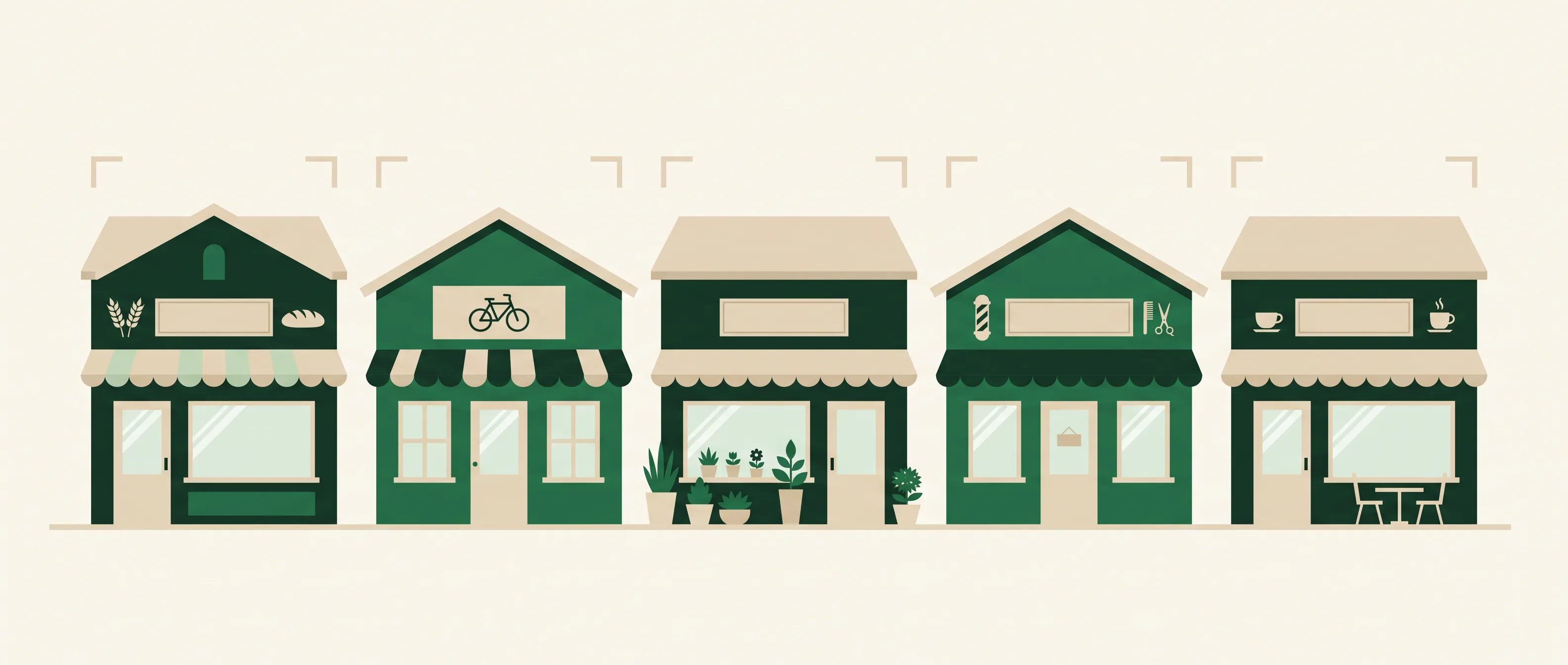 Illustration of a row of small local shops — a bakery, a bike shop, a flower shop, a barber and a café